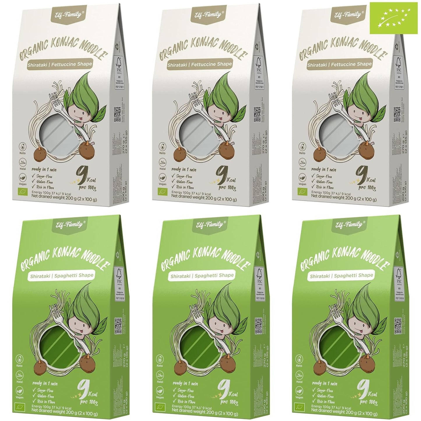 Elf-Family 6 lådor (12 st) Ekologiska konjac ultralågkolhydrat Shirataki nudlar Veganska glutenfria - 1,62 kg, inga kolhydrater/keto/lågkalorier/fettfria/sockerfria snabbnudlar - spagetti och fettuccine