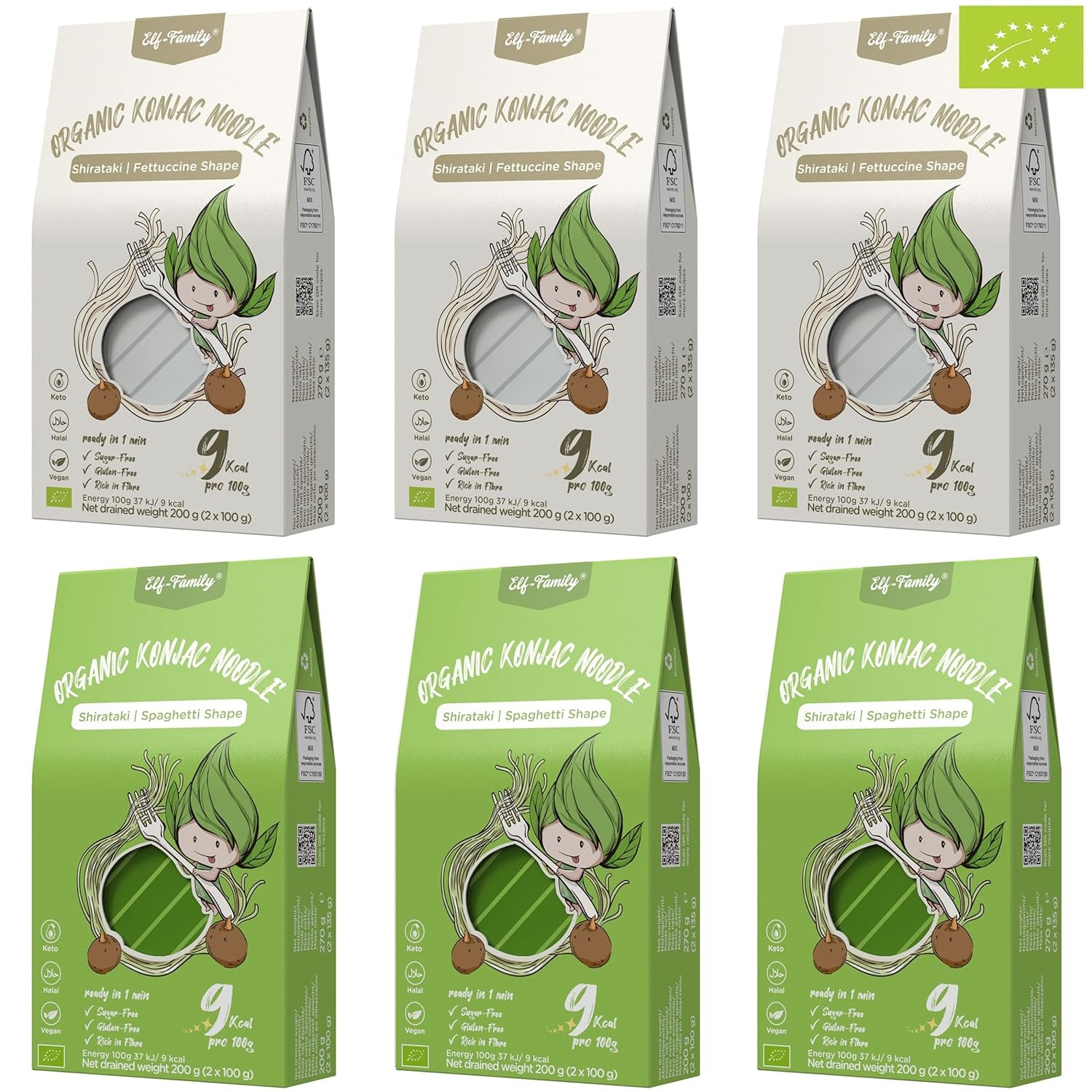Elf-Family 6 lådor (12 st) Ekologiska konjac ultralågkolhydrat Shirataki nudlar Veganska glutenfria - 1,62 kg, inga kolhydrater/keto/lågkalorier/fettfria/sockerfria snabbnudlar - spagetti och fettuccine