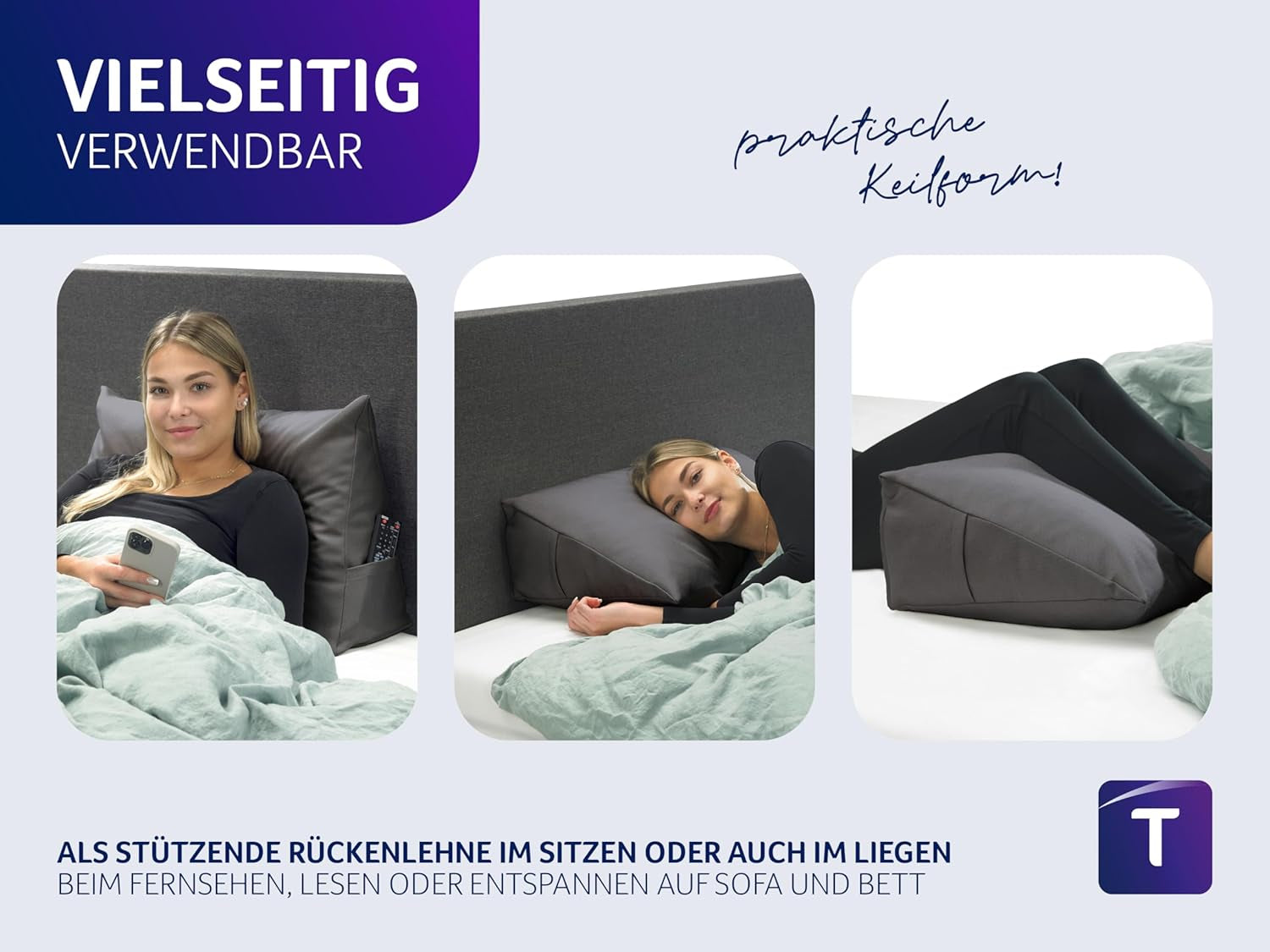Läskudde Traumnacht Mysig Ryggkudde, 70 x 40 cm mörkgrå, avtagbart och tvättbart överdrag av 100 % polyester, praktisk sidficka, Oeko-Tex certifierad, tillverkad enligt tyska kvalitetsstandarder