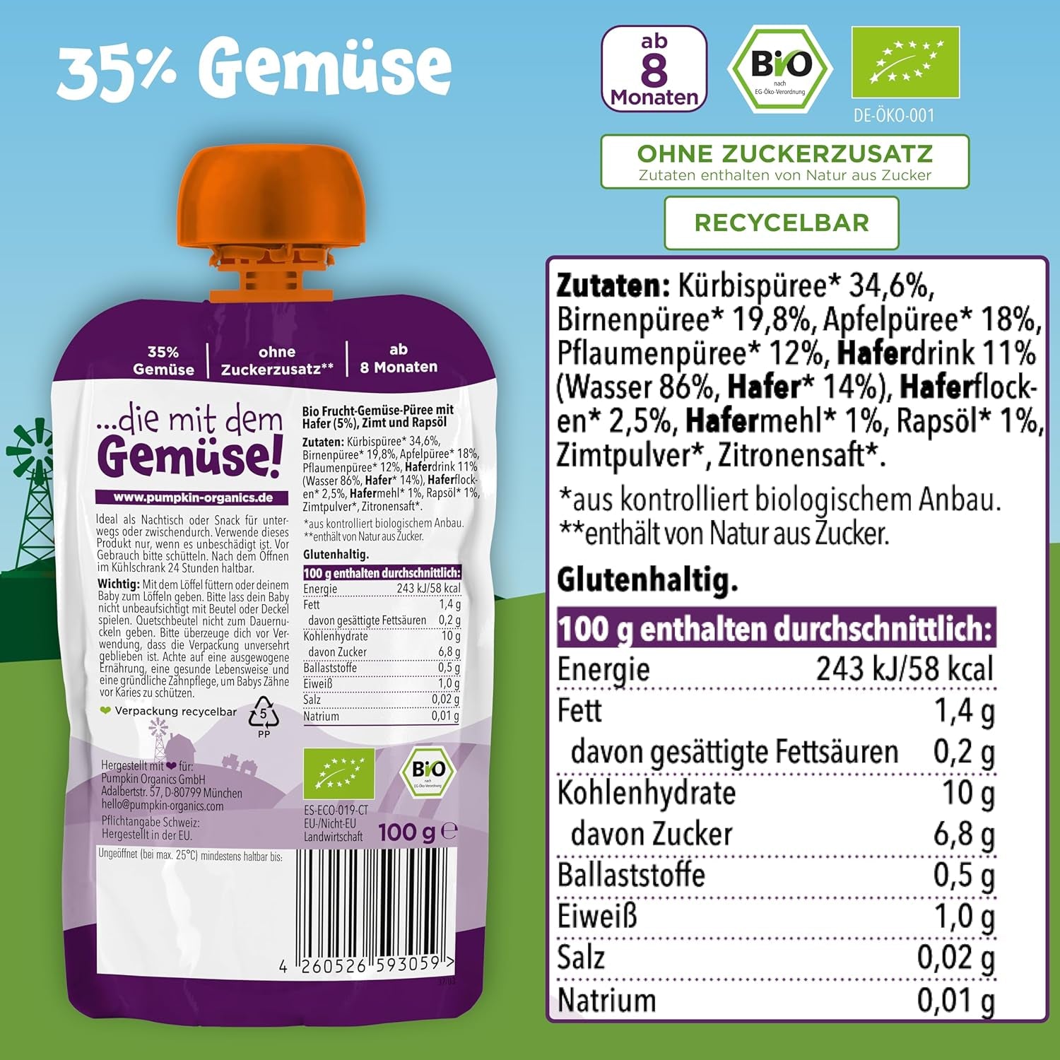 Pumpkin Organics Bio Gemüse-Getreide-Quetschie Kürbis, Birne, Apfel, Pflaume, Hafer ohne Zuckerzusatz¹ - ab 8 Monaten - als Snack eller Beikost für unterwegs (100g)
