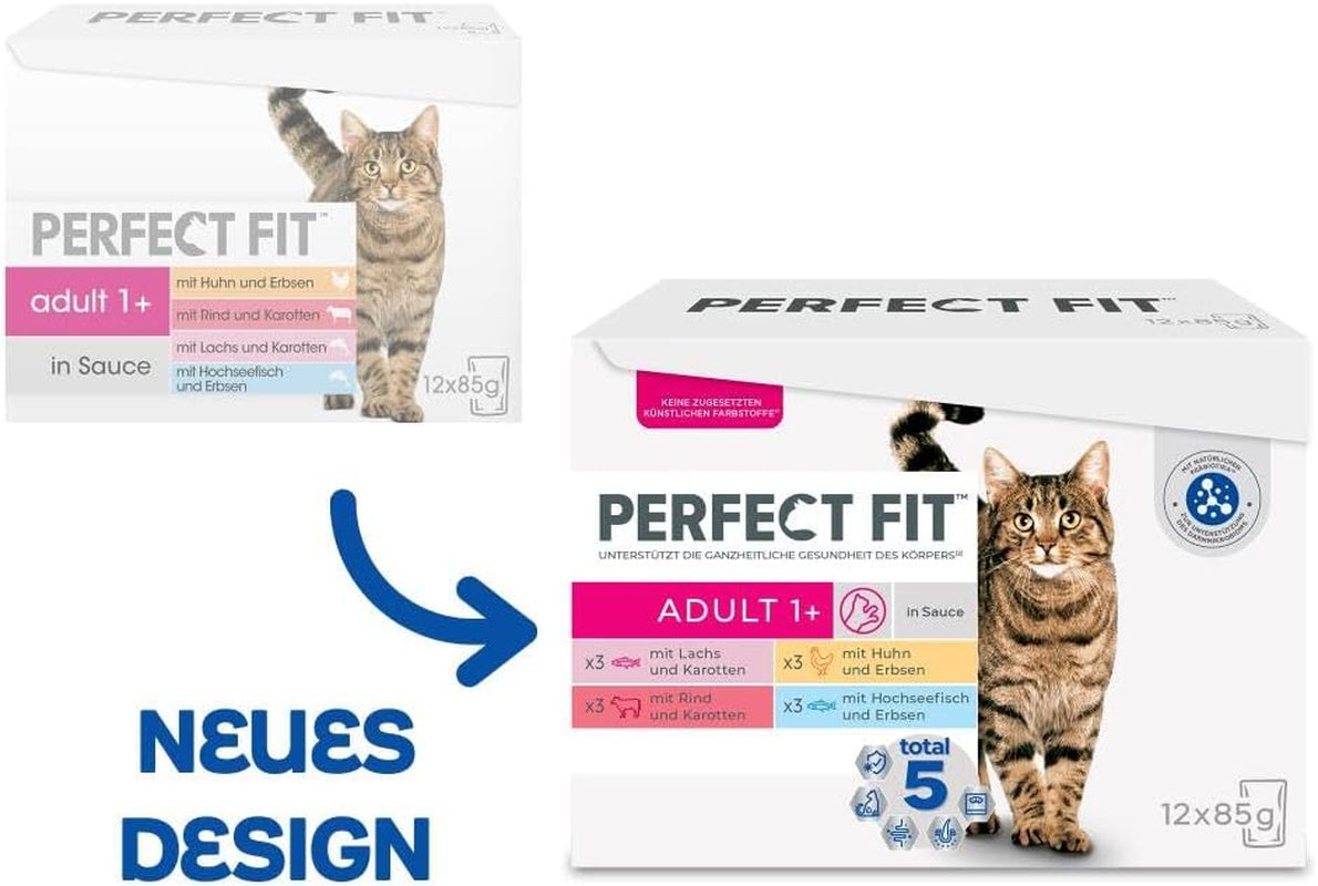 Perfect Fit Vuxen 1+ våtfoderval med lax, djuphavsfisk, nötkött och kyckling, 48 påsar, 12x85g (paket med 4) - Premium våtfoder för vuxna katter från 1 års ålder