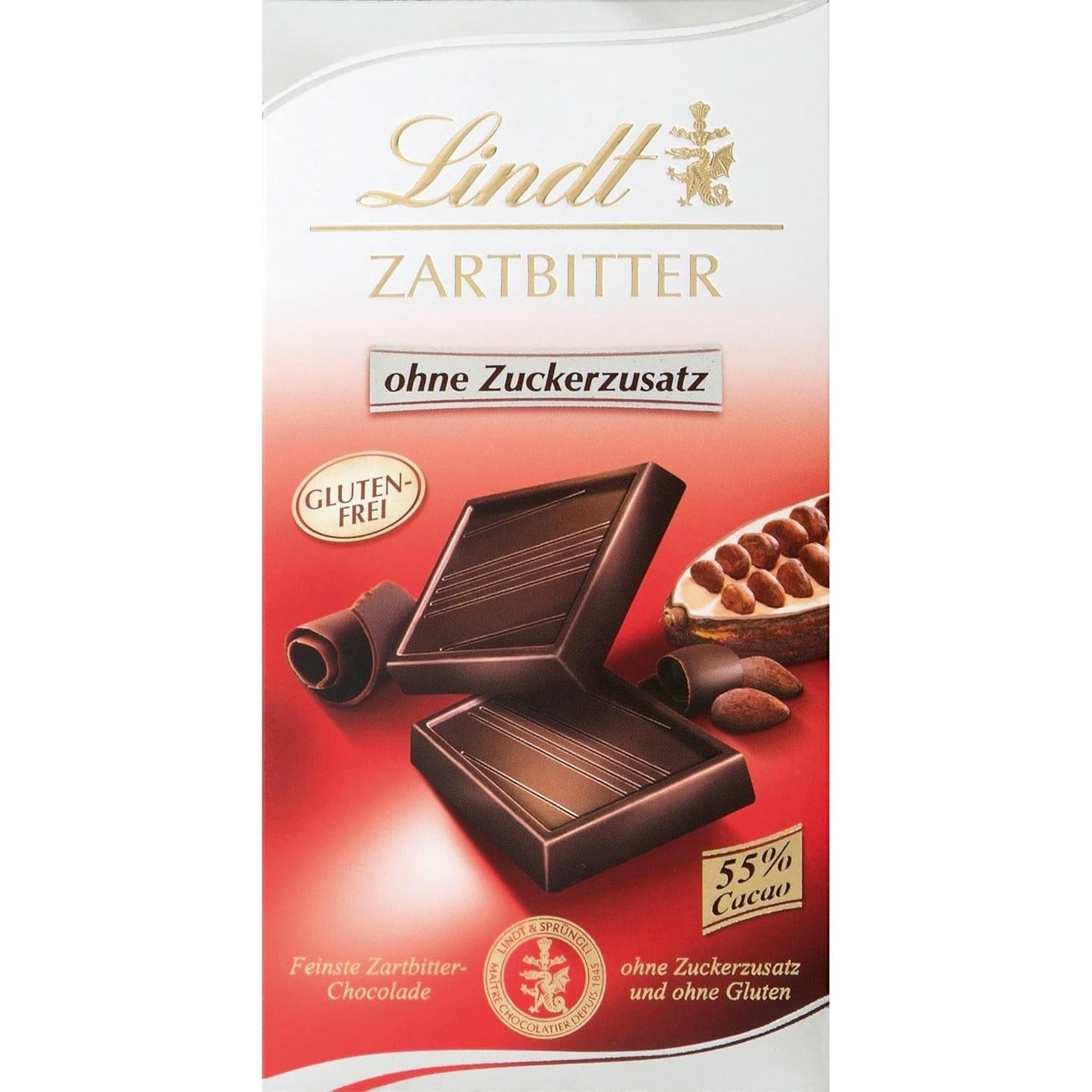 Lindt Choklad | Mörk chokladkaka utan tillsatt socker | 100g | Den finaste mörka chokladen med 55% kakao, inget tillsatt socker och inget gluten | Glutenfri chokladkaka