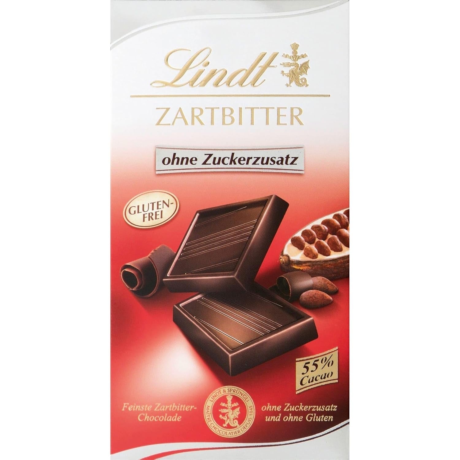 Lindt Choklad | Mörk chokladkaka utan tillsatt socker | 100g | Den finaste mörka chokladen med 55% kakao, inget tillsatt socker och inget gluten | Glutenfri chokladkaka