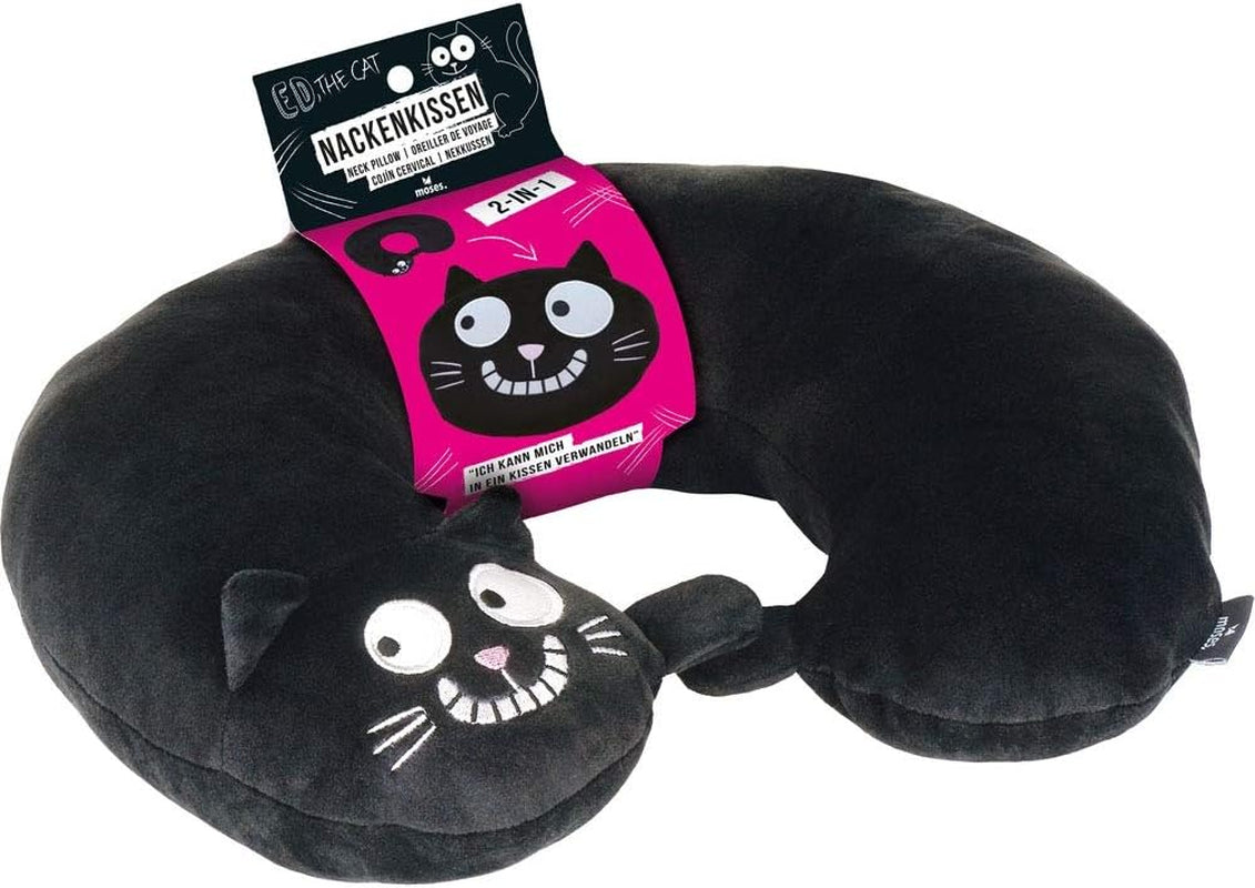 Moses nackkudde. Ed, katten | 2-i-1 nack- och huvudkudde för resor | Katt resekudde, 28 cm, Svart