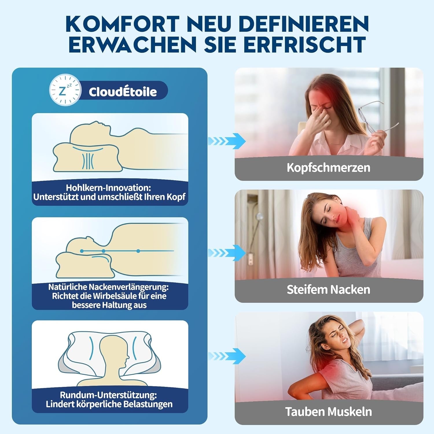 Cloudétoile Nackkudde Memory Foam Kudde - 2 i 1 Ergonomisk ortopedisk kudde Visco Foam Kudde Side Sleeper Nackstöd Kudde Höjd Justerbar Memory Foam Kudde Vit 64X38X12cm Cervikala ortopediska kuddar Naty Shop