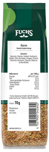 Fuchs Gewürze - Gyros Gewürzzubereitung im recyclableen Nachfüllbeutel, Gewürzmischung mit gewählteten Kräutern für Rind und Schweinefleisch - 70 g