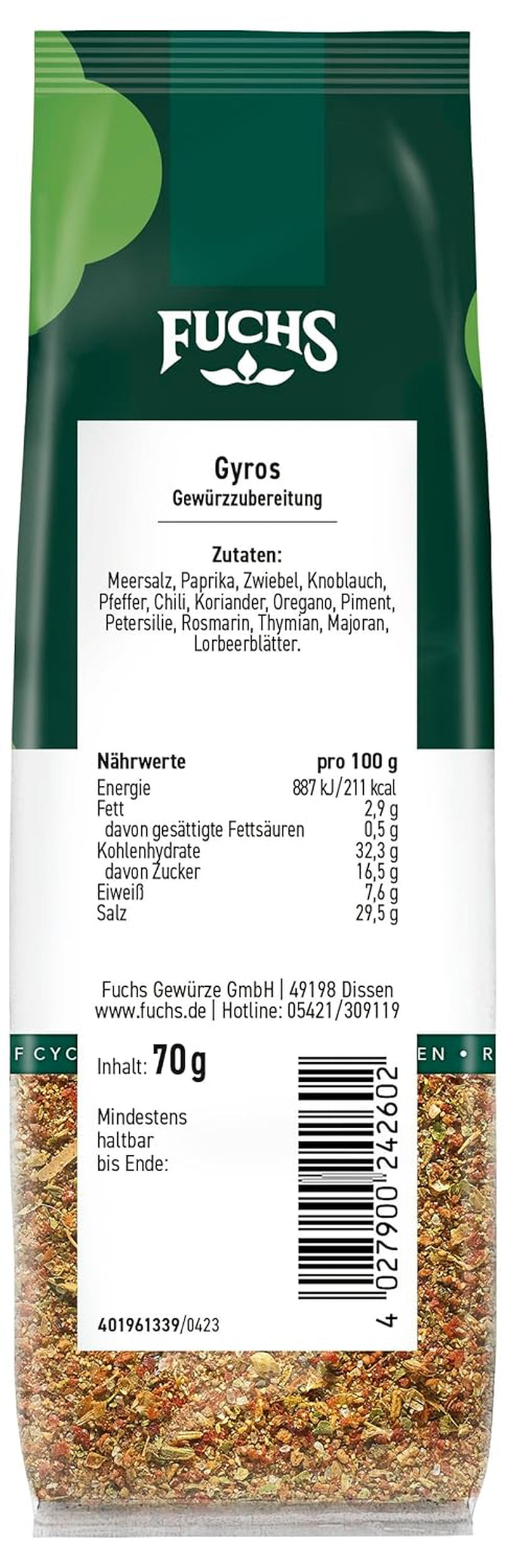 Fuchs Gewürze - Gyros Gewürzzubereitung im recyclableen Nachfüllbeutel, Gewürzmischung mit gewählteten Kräutern für Rind und Schweinefleisch - 70 g