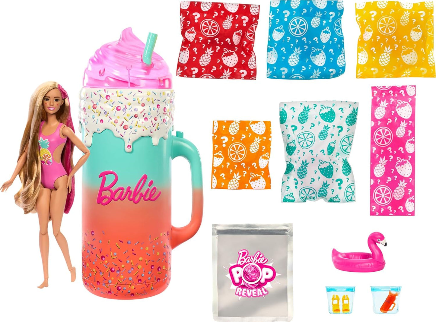 BARBIE Pop Reveal Rise & Surprise Present Set - 15+ överraskningar inklusive 1 Barbie-docka, strandtillbehör för lekfullt och fruktigt skoj för barn från 3 år och uppåt, HRK57