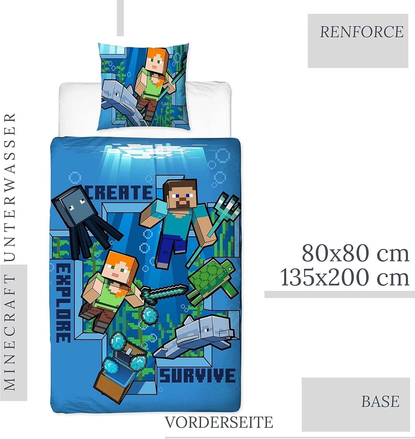 Minecraft Sängkläder Kinderbettwäsche Jugendbettwäsche 135X200 · Unterwasserwelt · Wende Motiv · Kissenbezug 80X80 + Bettbezug 135X200 Cm · 100 % Baumwolle · Deutsche Größe Naty Shop