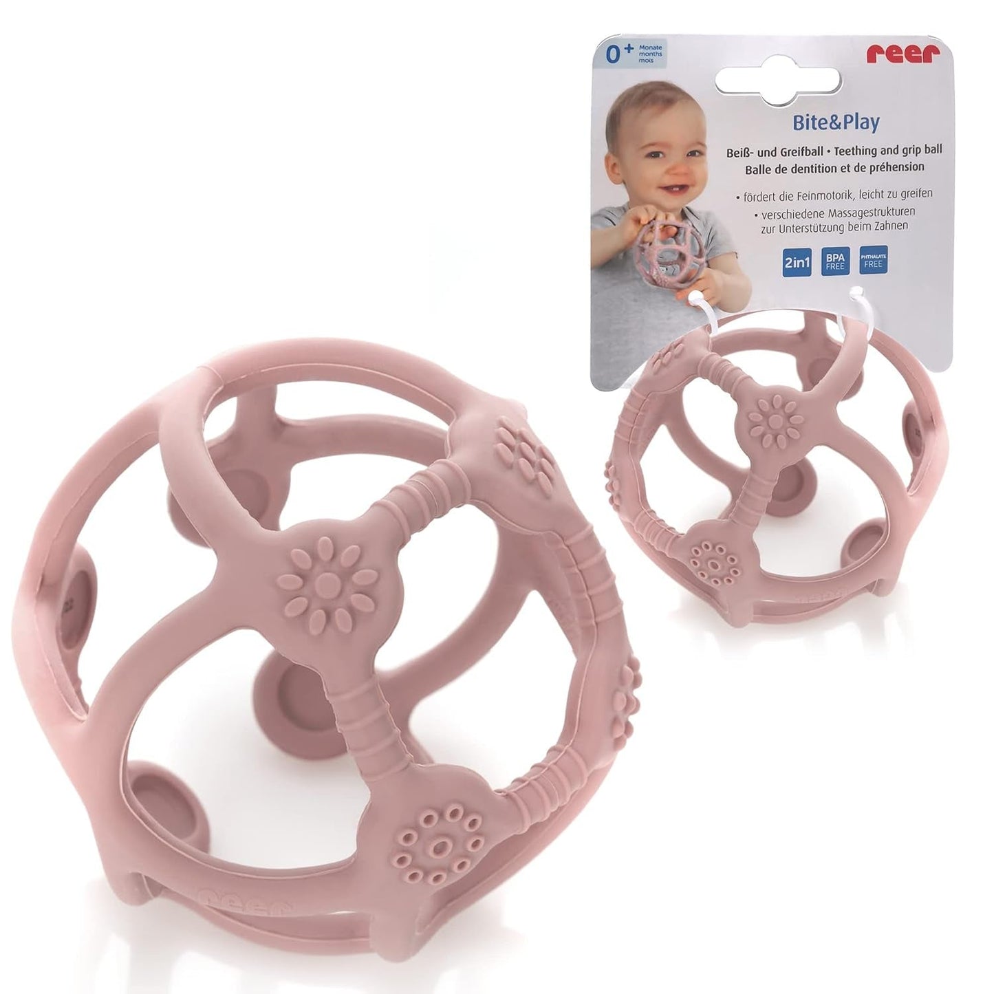 Reer Bite&Play Baby Teether Ball and Catcher, Bitring och leksak för småbarn, bra present