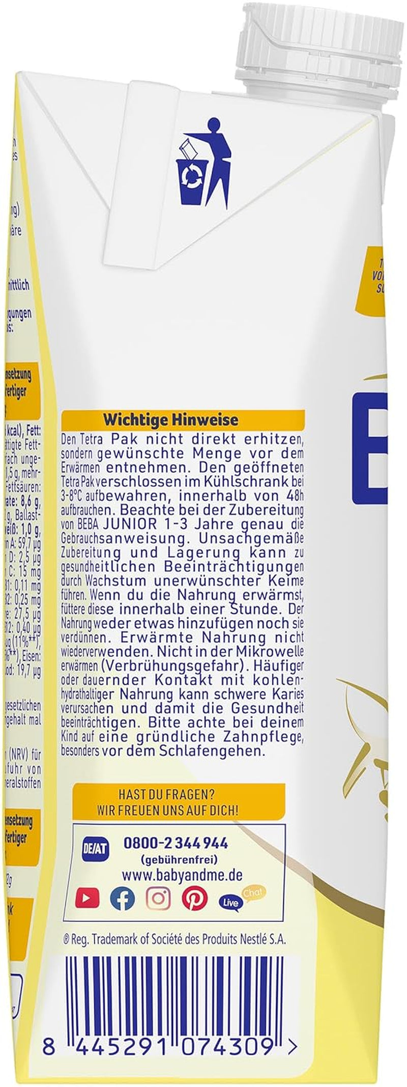 BEBA Junior Drickfärdig mjölkdryck 1-3 år, med HMO, åldersanpassat proteininnehåll, palmoljefri, fiskoljefri, småbarnsmat, 12-pack (12 x 500 ml)