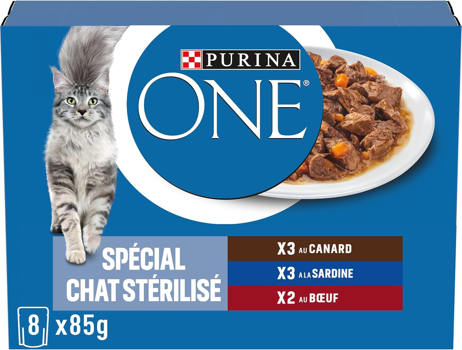 PURINA ONE | BIFENSIS | Mat för steriliserade vuxna katter | Stödjer kattens vitalitet, ben, muskler och leder | I sås | Påsar med anka, sardiner, nötkött, färskhet | 1 stycke (8 x 85 g)
