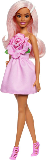 Barbie Fashionistas docka nr. 238 med pastellrosa hår, axelbandslös klänning med rosa livstycke, pärlhårklämma och höga klackar och hårspännen, HYT94