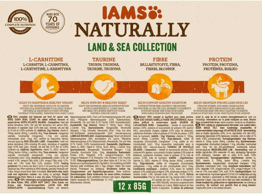 IAMS Naturally Senior Våtfoder i sås - Högkvalitativt kött och fisk våtfoder för äldre katter, Land & Sea Collection, 12 x 85g