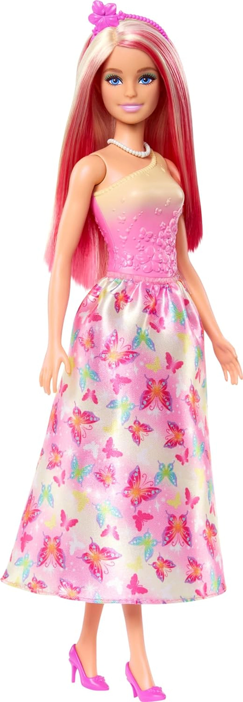 Royal Barbie Doll med snyggt blont och rosa hår, färgglada accessoarer, rosa gradienttopp och fjärilskjol, HRR08 Naty Shop Dolls Standardtitel