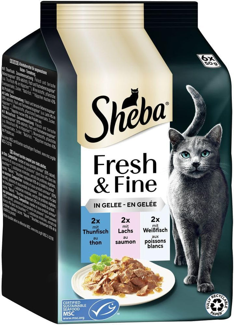 Sheba Portion Pouches Våtfoder för katter, Multipack Fresh & Fine i gelé med MSC tonfisk och lax, 6x6x50g - Hälsosamma måltider för katter med gelé