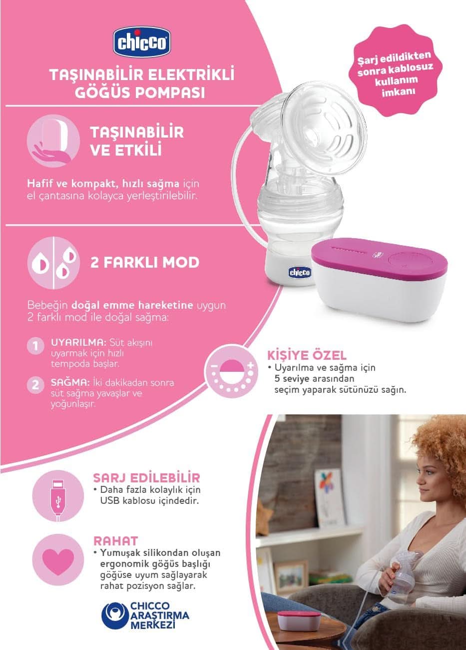 Chicco, bärbar elektrisk bröstpump, 5 intensitetsnivåer, 150 ml Mat och amningstillbehör Bebe Naty Shop