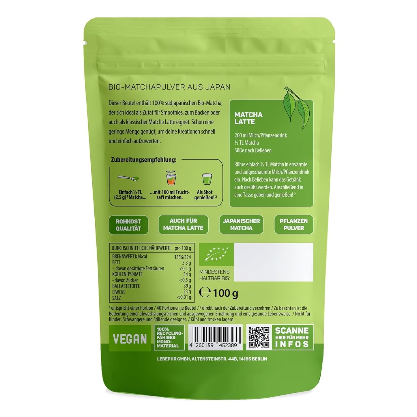 Lebepur BIO Matcha-pulver 100G - Premiumkvalitet från Japan Inga tillsatser - 100 % rent grönt tepulver för Matcha Latte, Matcha-te, grönt te, smoothie - japanskt grönt te