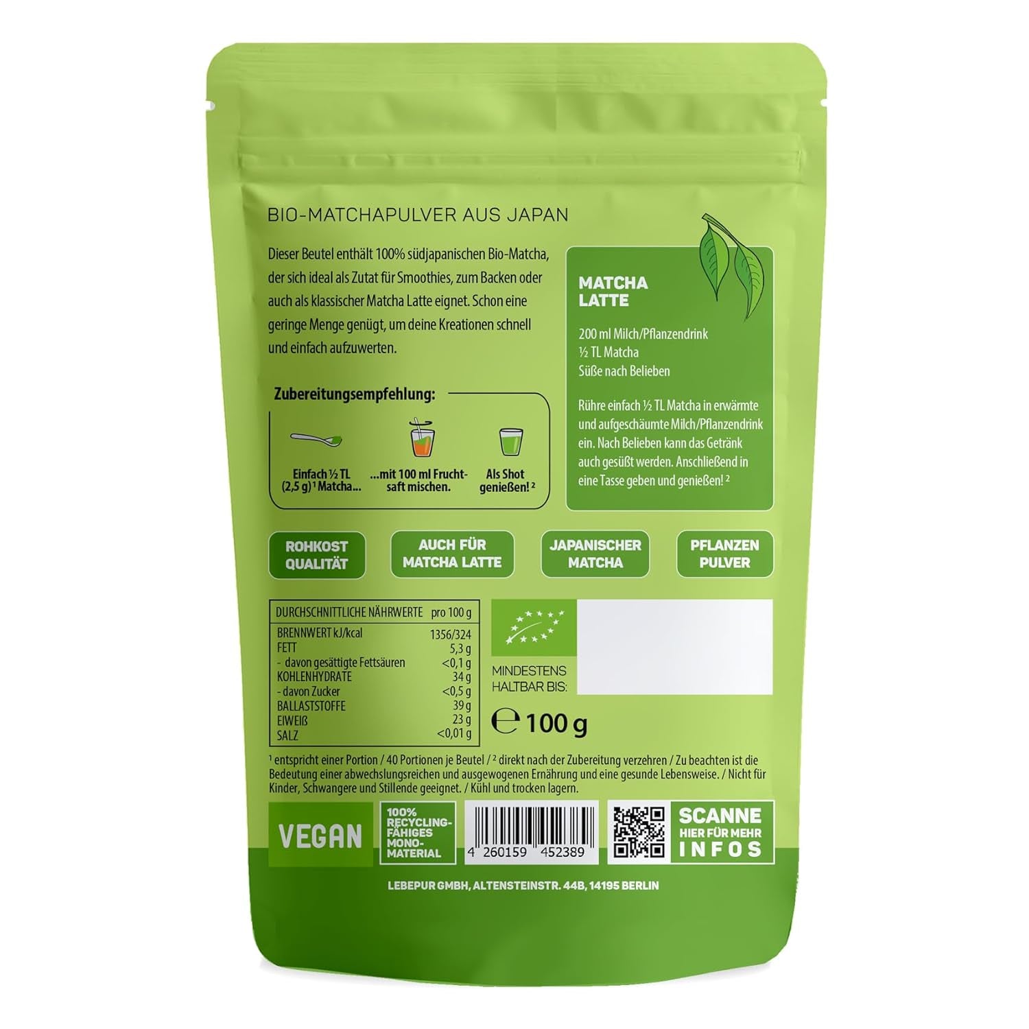 Lebepur BIO Matcha-pulver 100G - Premiumkvalitet från Japan Inga tillsatser - 100 % rent grönt tepulver för Matcha Latte, Matcha-te, grönt te, smoothie - japanskt grönt te