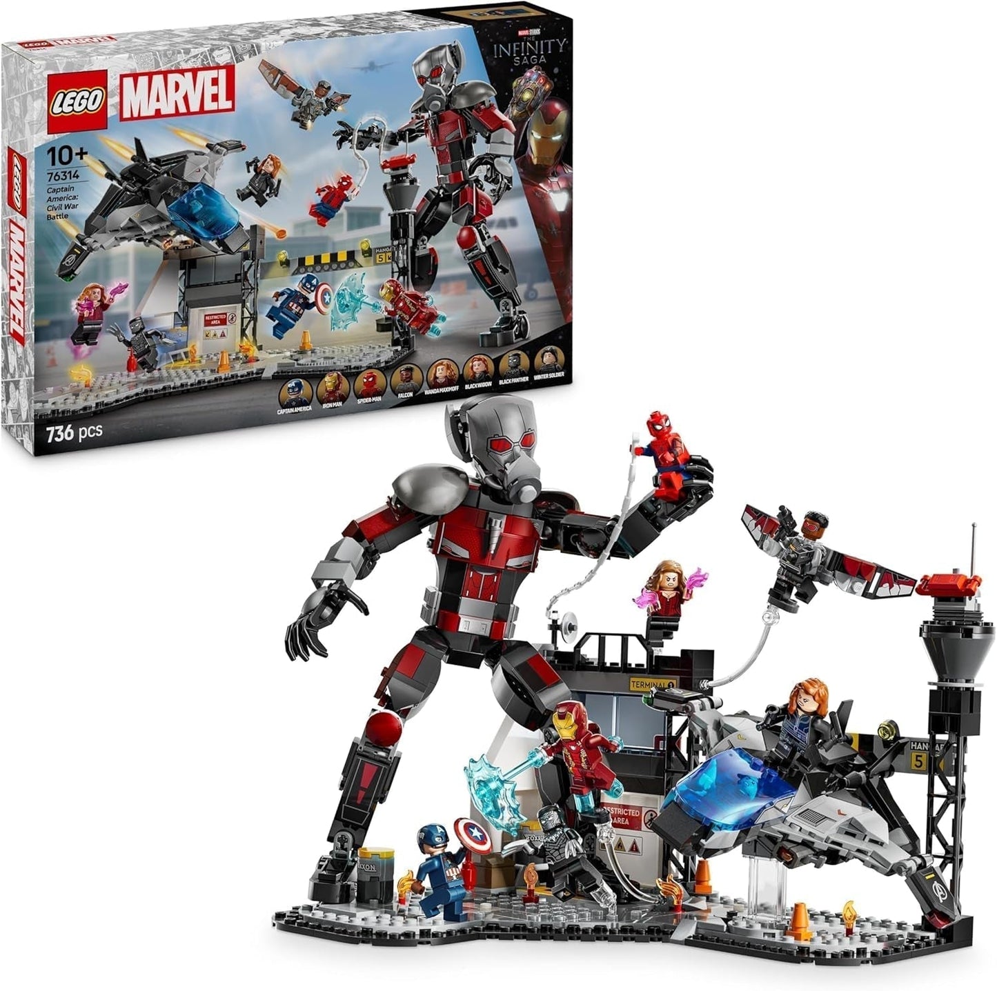 LEGO Marvel Captain America: Civil War Action Duell - Superhjältelekset med 8 minifigurer - Bygg- och lekset för leksaksflygplan - Present för pojkar och flickor 76314 Byggset Besuche den LEGO-Store Standardtitel