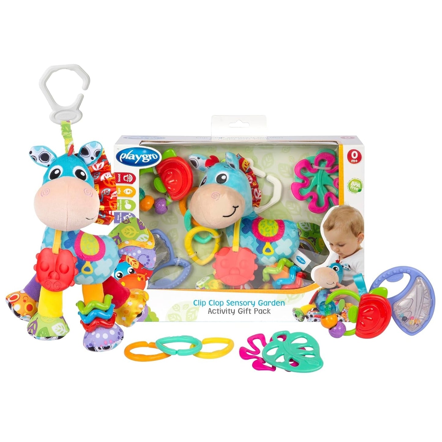 Playgro Clip Clop Sensory Garden Activity Present Pack - Sensorisk trädgårdsleksak för bebisar från 0 månader - Interaktiv leksak med skallror, bitring och barnvagnsvän - 4 stycken