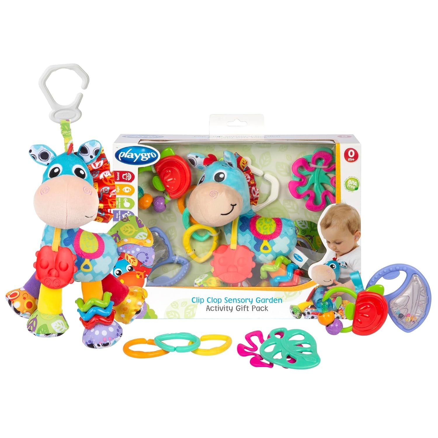 Playgro Clip Clop Sensory Garden Activity Present Pack - Sensorisk trädgårdsleksak för bebisar från 0 månader - Interaktiv leksak med skallror, bitring och barnvagnsvän - 4 stycken