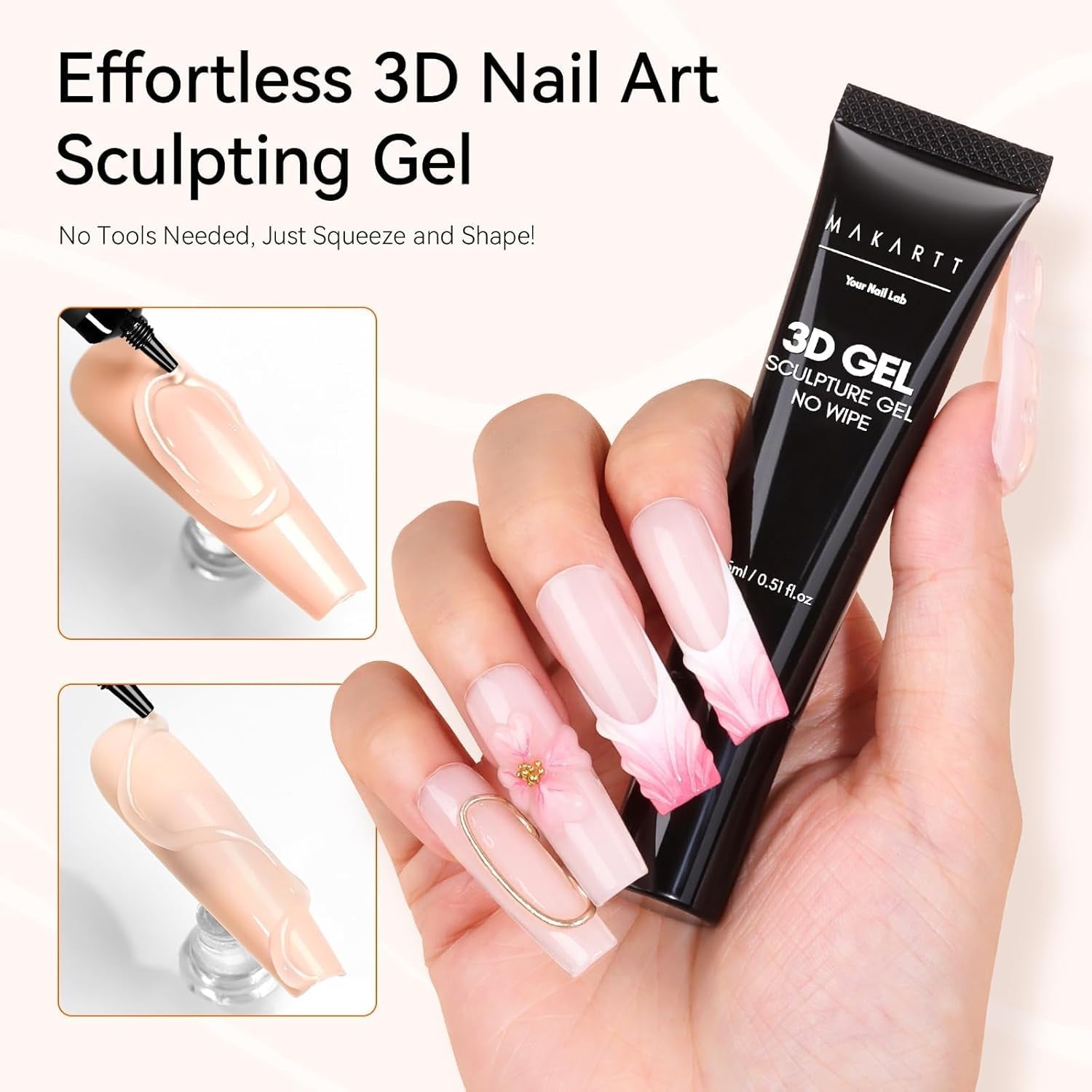 Makartt 3D Nail Art Gel - Rhinestone Glue Gel 15G för Nagelnyckelringar, Multifunktionell Nail Sculpture Gel för DIY Nail Design, Nail Sculpture Nagelmodellering hemma (Transparent)
