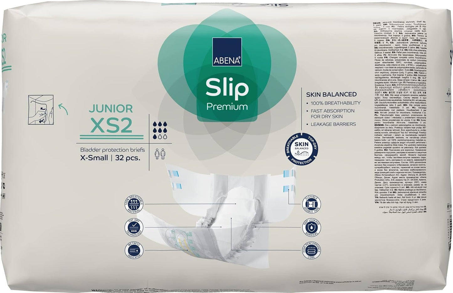 Premium juniorblöjor, miljömärkt, förbättrat läckageskydd, säkra och bekväma babyblöjor - storlek 7/XS2, midjemått 40-60 cm, åldrar 5-15 år, 1 x 32-pack