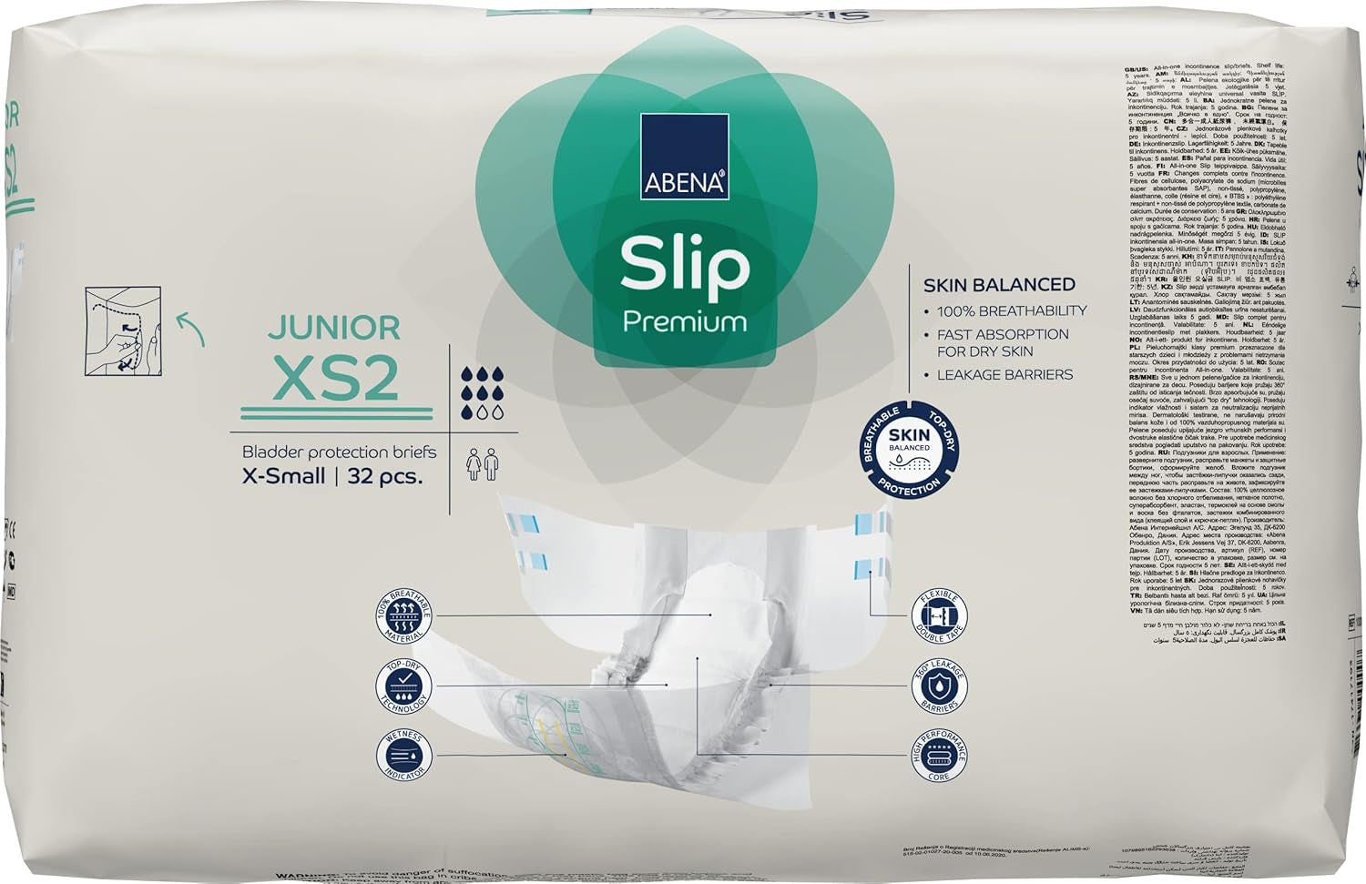 Premium juniorblöjor, miljömärkt, förbättrat läckageskydd, säkra och bekväma babyblöjor - storlek 7/XS2, midjemått 40-60 cm, åldrar 5-15 år, 1 x 32-pack