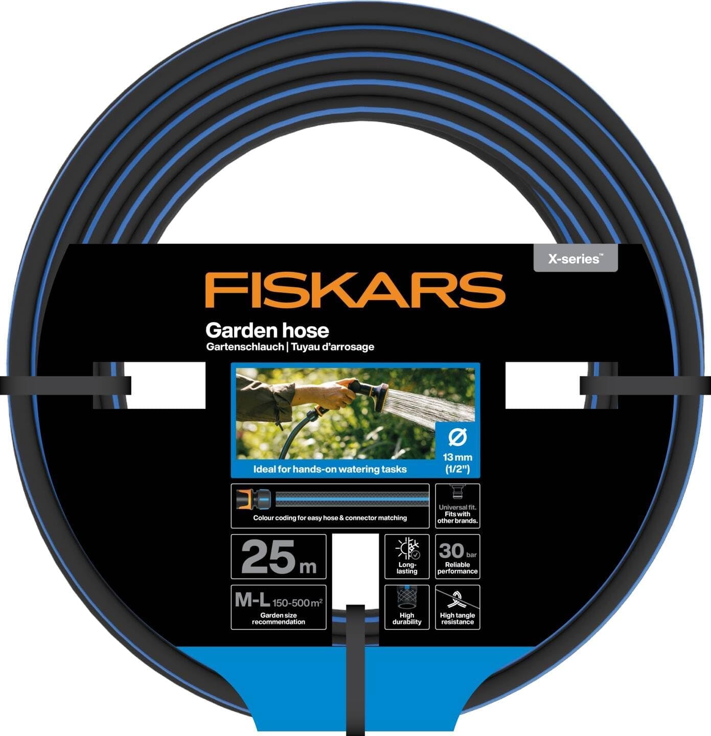Fiskars ML Trädgårdsslang X-serien Handbevattningsvattenslang 13mm (1/2"), Längd: 25m, Universalanslutning, UV-skydd, Frostskydd, Vridsäker, Blå, 1076045