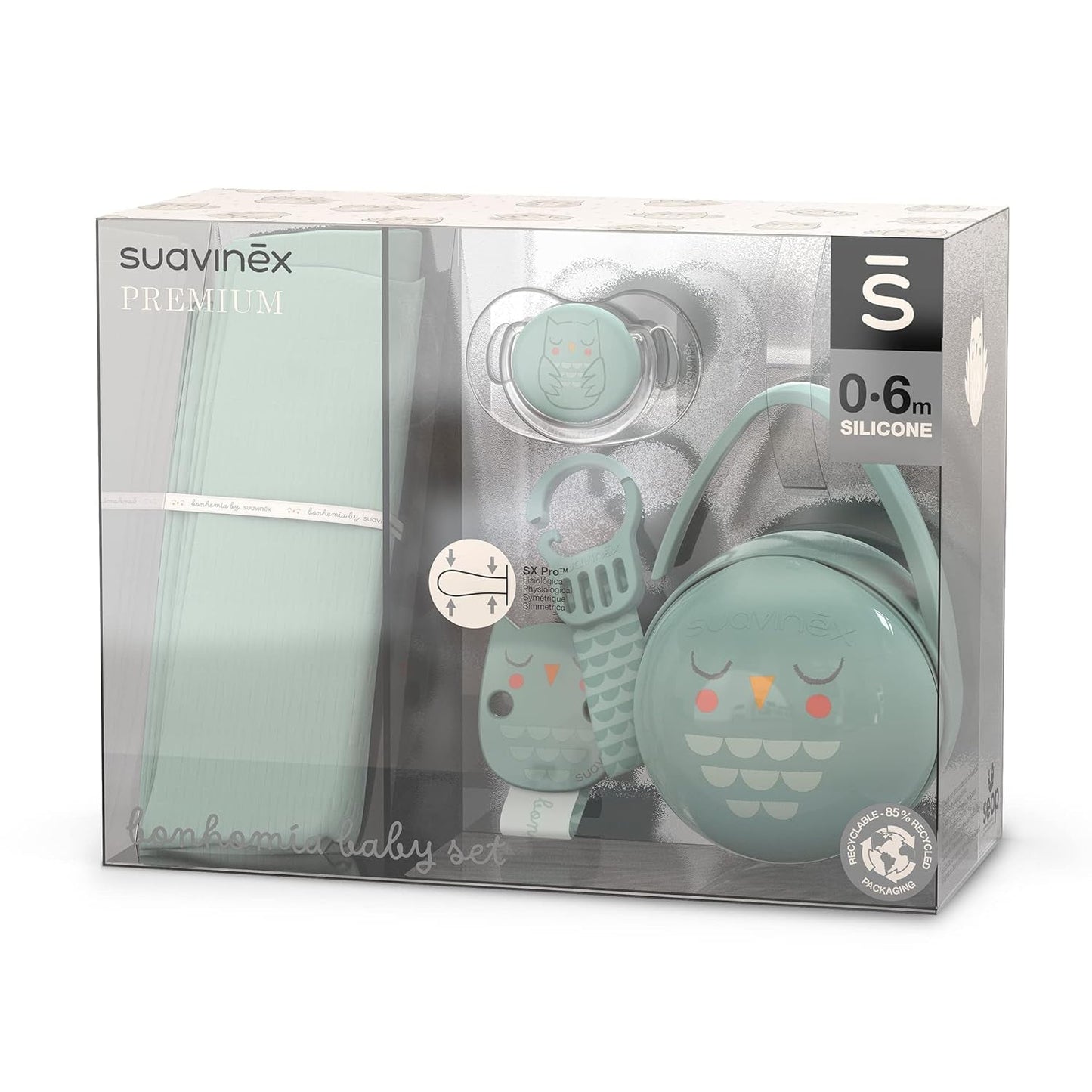 Suavinex presentset för nyfödda. 4-delat set inklusive: Physiological SX Pro napp för bebisar 0-6 månader + napphållare + Duo nappskydd + silikon tandring. Underlandet, beige