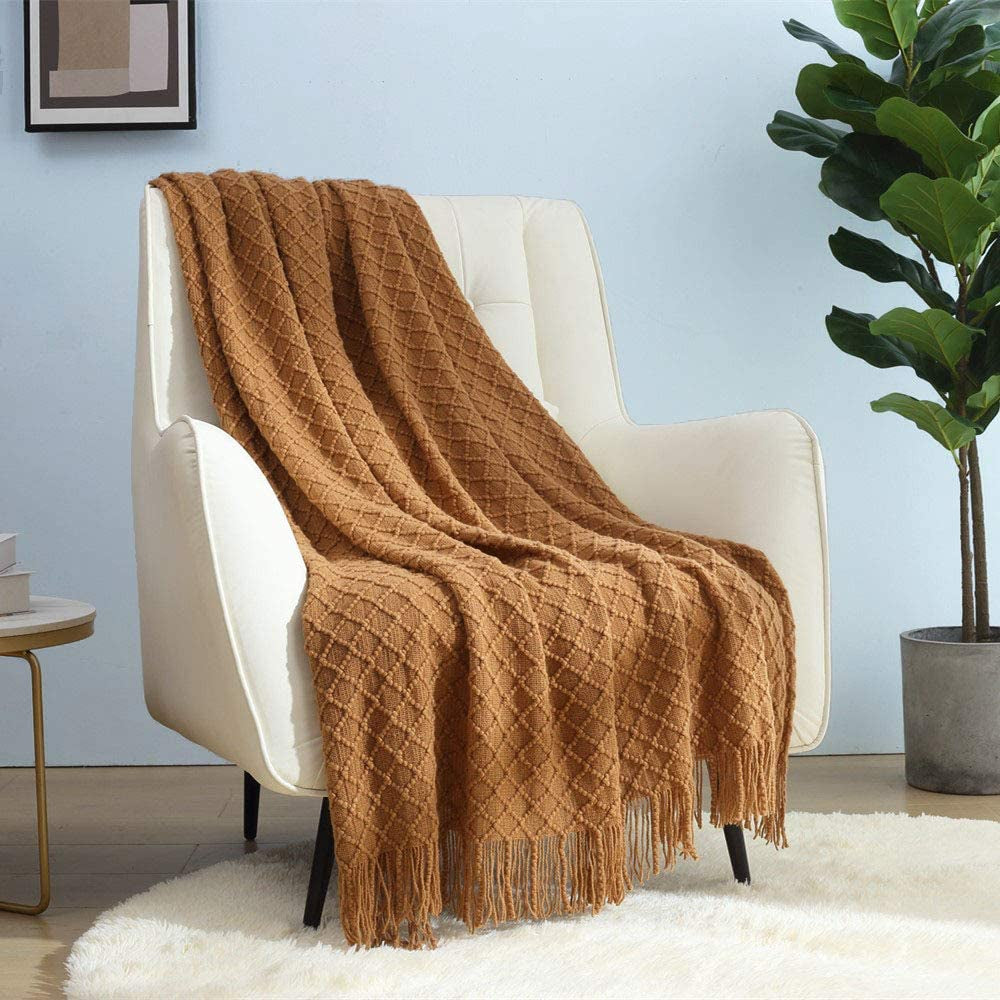CREVENT roststickad filt för soffa Soffa Stol Säng Heminredning Mjuk Varm Mysig Lätt Vår Sommar Höst (127,8 X 152,4 cm Karamell / Brun / Bränd Orange) CREVENT Bruna sängar och filtar