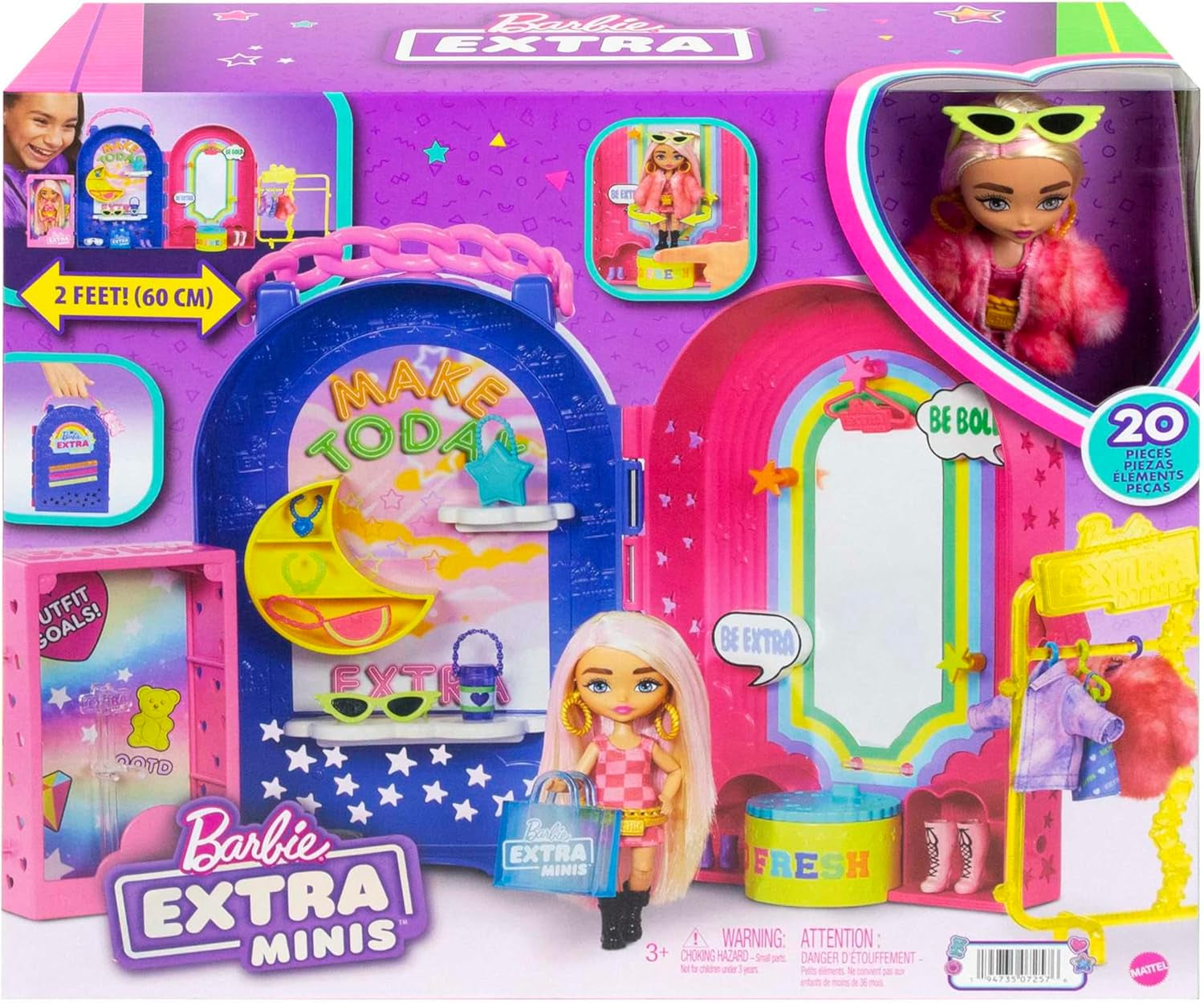 Barbie Extra Minis, extra minidocka och boutique-lekset, garderob med skåp, hyllor, speglar, 360-plattform, extra minidocka med rosa hårtillbehör, HHN15