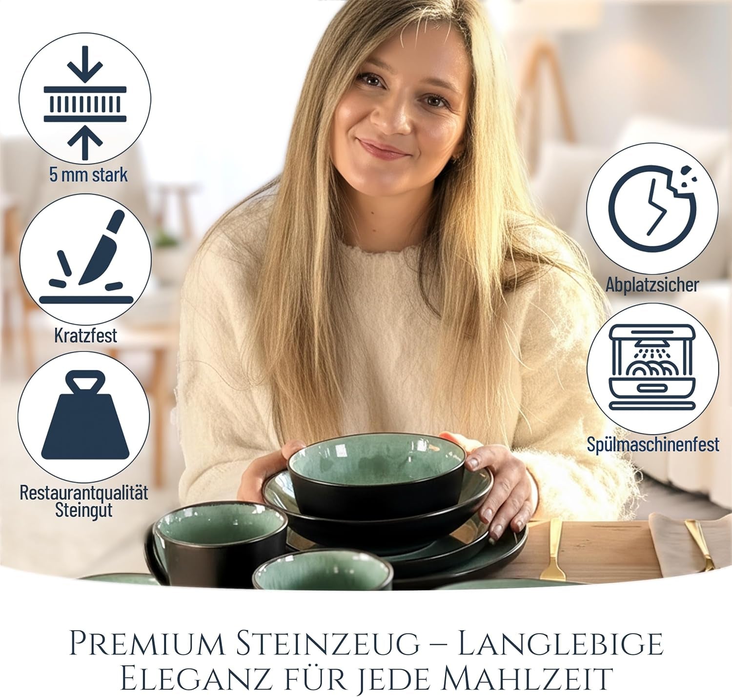 24-delat keramiskt matservis i stengods för 6, Ibiza-design, TESTVINNARE. Ett underbart medelhavsservis med skålar och tallrikar. Pure Living servisset, salviagrön.
