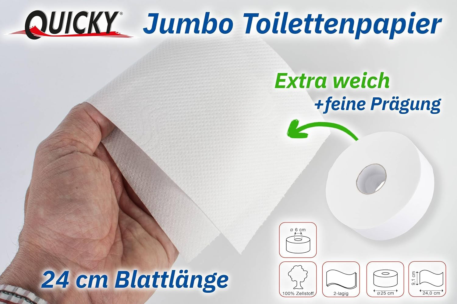 Quicky Jumbo 2-lagers toalettpapper, 25 cm Ø, ljus vit, präglad med fina prickar, 6 rullar - absorberande och rivtåligt för maximal hygien, perfekt för offentliga institutioner och industri