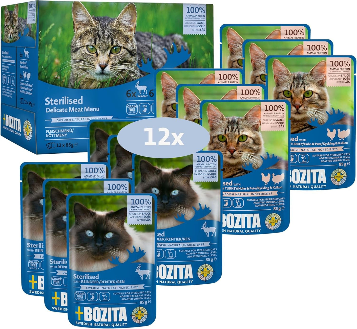 Bozita steriliserad våtfoder multibox - bitar i köttsås - 12 portionspåsar x 85 g spannmåls- och vetefri blandningspaket - Kattfoder med 8,5 % protein och 3,5 % fett