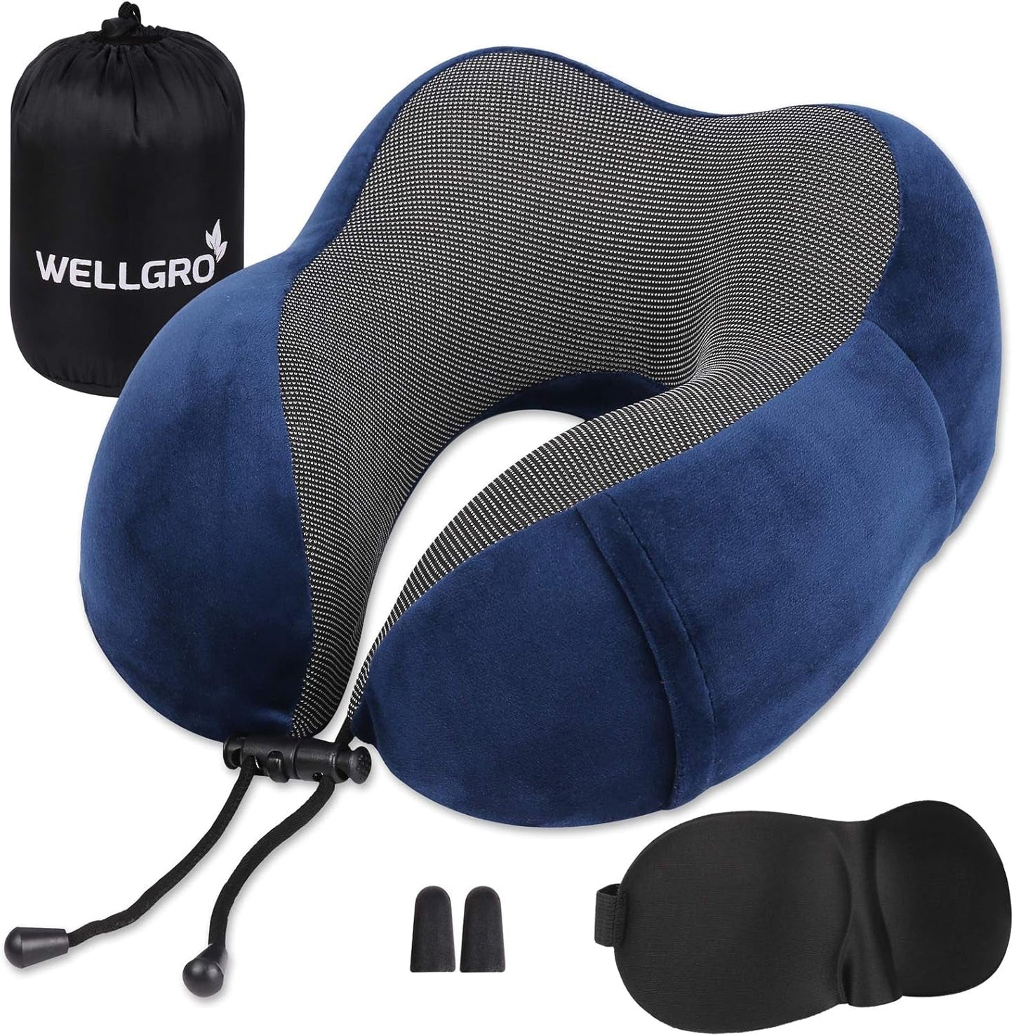 WELLGRO Nackkuddsset med 3D-sömnmask och öronproppar - Avtagbart skydd - Memory Foam - Dragkedja - Inklusive förvaringsväska - Resekudde - Valbar färg, Färg:Grå Cervikala ortopediska kuddar Naty Shop Mörkblå