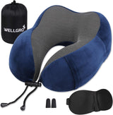 WELLGRO Nackkuddsset med 3D-sömnmask och öronproppar - Avtagbart skydd - Memory Foam - Dragkedja - Inklusive förvaringsväska - Resekudde - Valbar färg, Färg:Grå Cervikala ortopediska kuddar Naty Shop Mörkblå