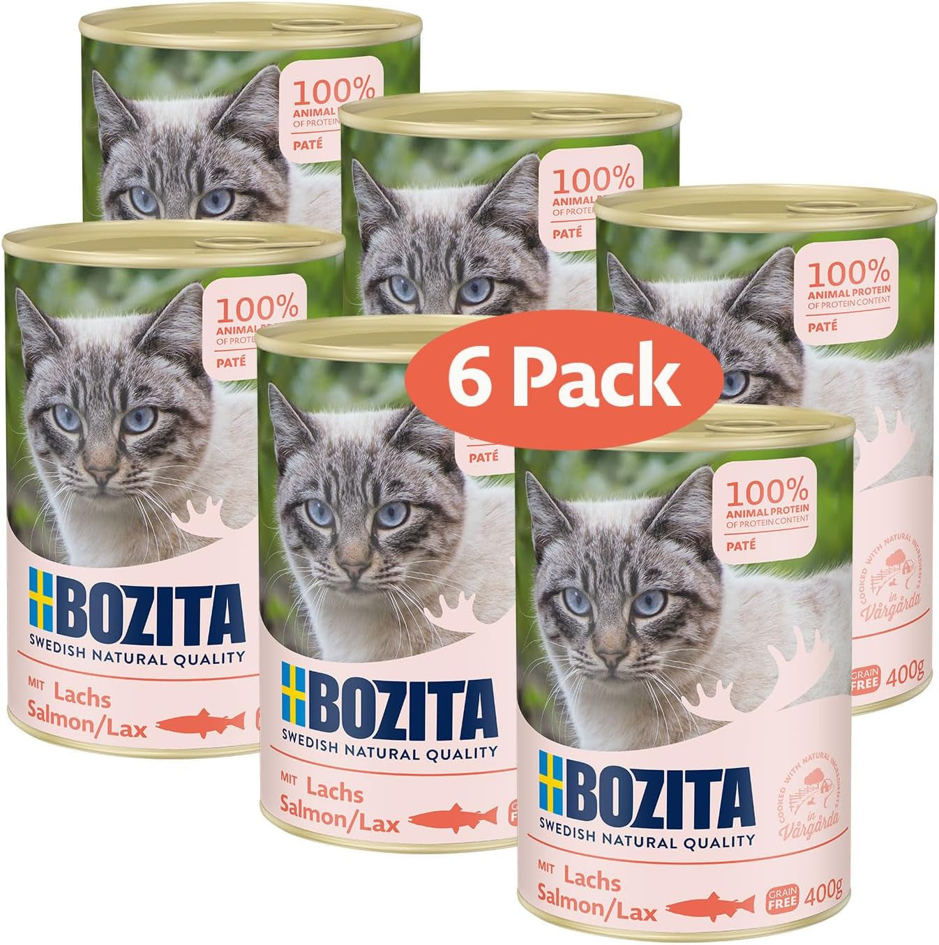 Bozita spannmålsfri laxpaté – 6 x 400 g våtfoder för katter och kattungar. Komplett mat med 9,5 % protein och 5 % fett, gjord av högkvalitativa naturliga ingredienser, spannmålsfri - från Sverige