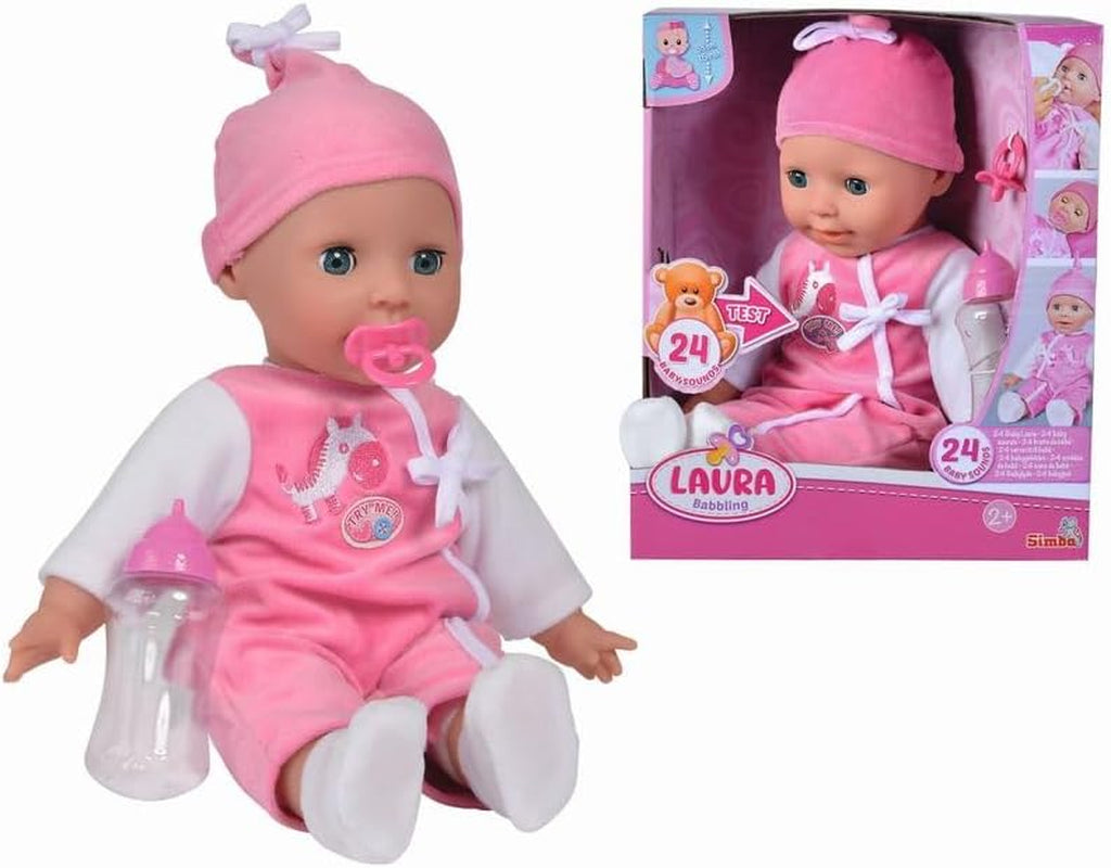 Simba 105140489 - Laura Baby Talk Doll, 38 cm mjuk kroppsdocka med sömniga ögon i söt jumpsuit, 24 babyljud, lekdocka, babydocka, 2+