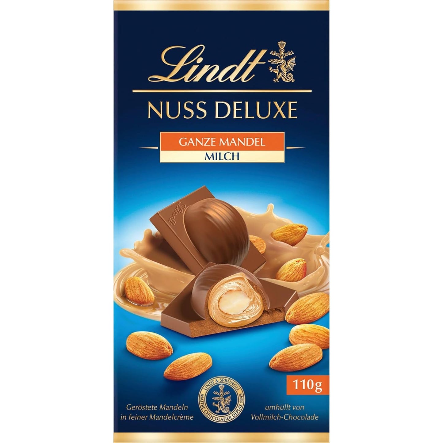 Lindt Choklad | NUT DELUXE Chokladkaka med mjölk och mandel | 110g | Mjölkchoklad med rostad mandel i en slät mandelkräm | Chokladkaka