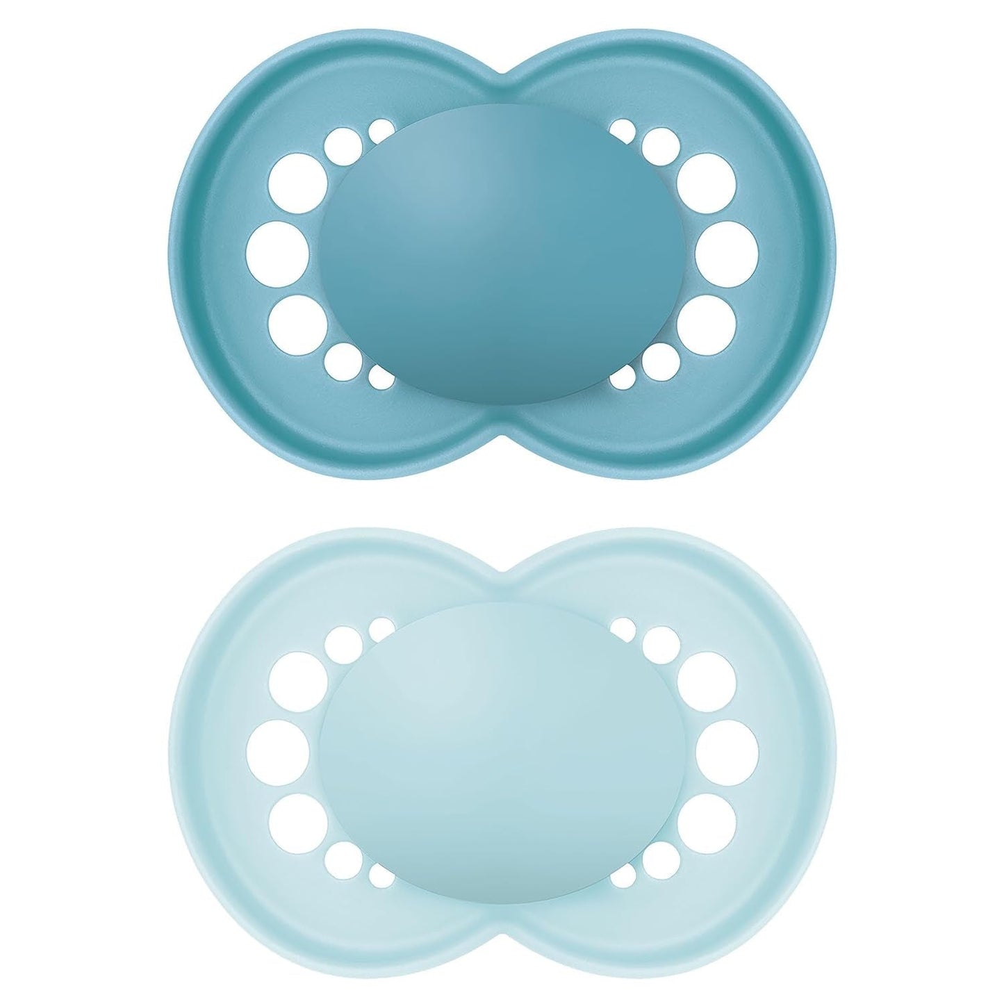 MAM originalnappar, 2-pack, tandvänliga nappar, tillverkade av hållbara och bioregenererbara material, MAM SkinSoft silikonspettar, med napplåda, 6-16 månader, blå/ljusblå