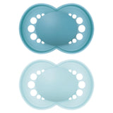 MAM originalnappar, 2-pack, tandvänliga nappar, tillverkade av hållbara och bioregenererbara material, MAM SkinSoft silikonspettar, med napplåda, 6-16 månader, blå/ljusblå