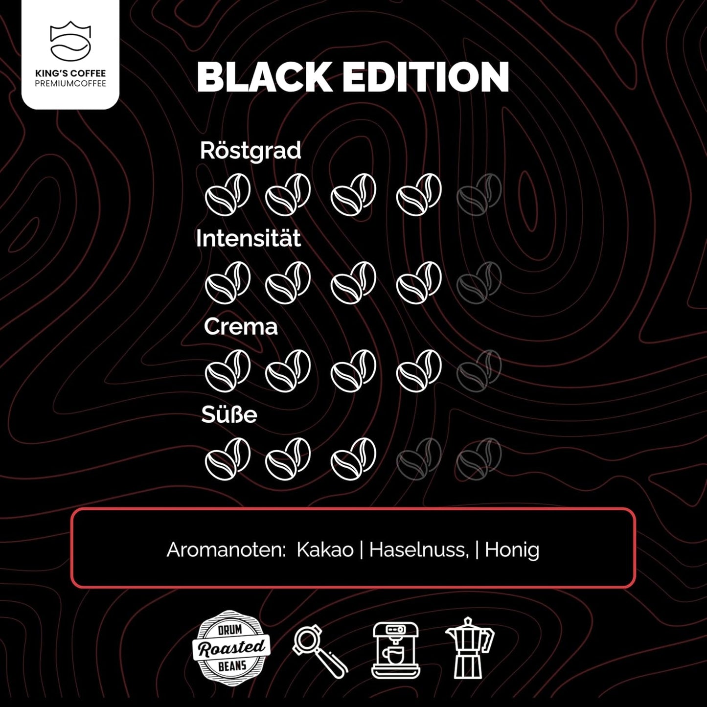 KING'S COFFEE - BLACK EDITION - 1 kg Intense Cream Coffee Beans - Low Acidity Coffee - Small Batch Roast från Italien - Starka Arabica Espressobönor (blandning) för helautomatiska och portafiltermaskiner