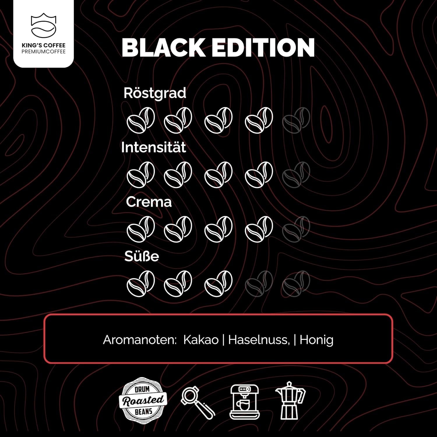 KING'S COFFEE - BLACK EDITION - 1 kg Intense Cream Coffee Beans - Low Acidity Coffee - Small Batch Roast från Italien - Starka Arabica Espressobönor (blandning) för helautomatiska och portafiltermaskiner