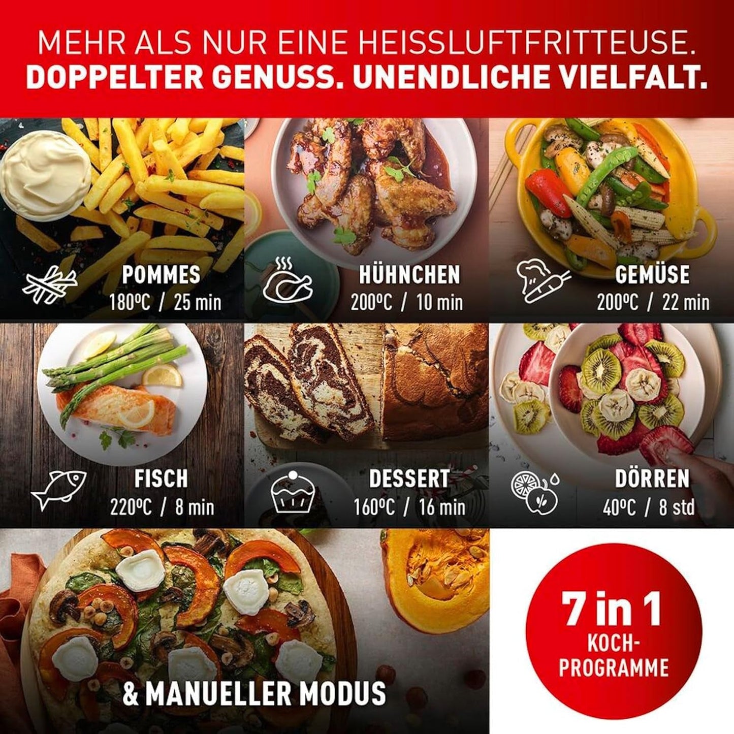 Tefal Dual Easy Fry Hot Air Fryer med två kammare, 5,2/3,1 liters kapacitet, två oberoende lådor, 7 program Hushållsapparater Naty Shop