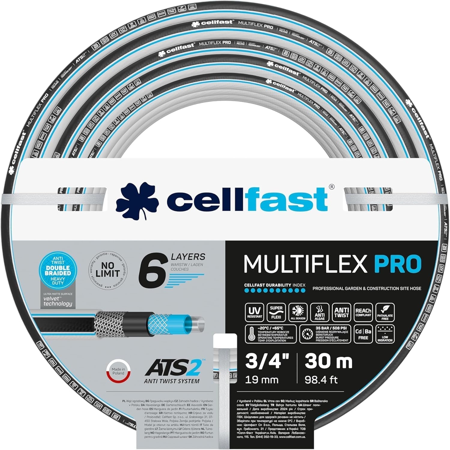 Trädgårdsslang Cellfast MULTIFLEX PRO, slitstark, 6-lagers, ATS2 stickad fläta, UV- och algbeständig, tungmetallfri, sammetsteknik, 35 bar, -20/+65°C, 3/4", 30m
