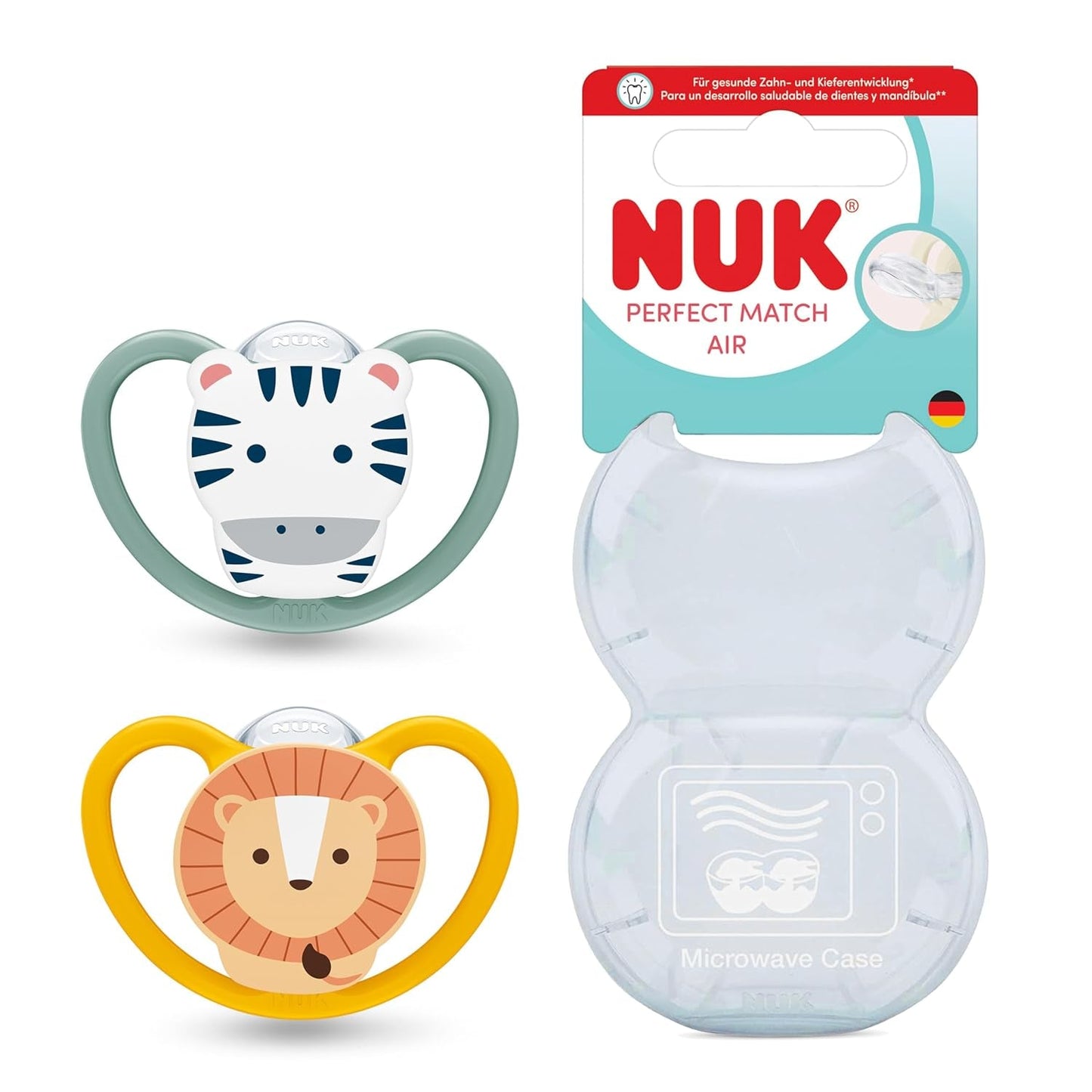 NUK Perfect Match luftnappar för spädbarn | 6-18 månader | Ortodontiska nappar som främjar luftcirkulationen och förhindrar utslag orsakade av saliv | 95 % acceptans av spädbarn** | Zebra/Leo | Paket om 2
