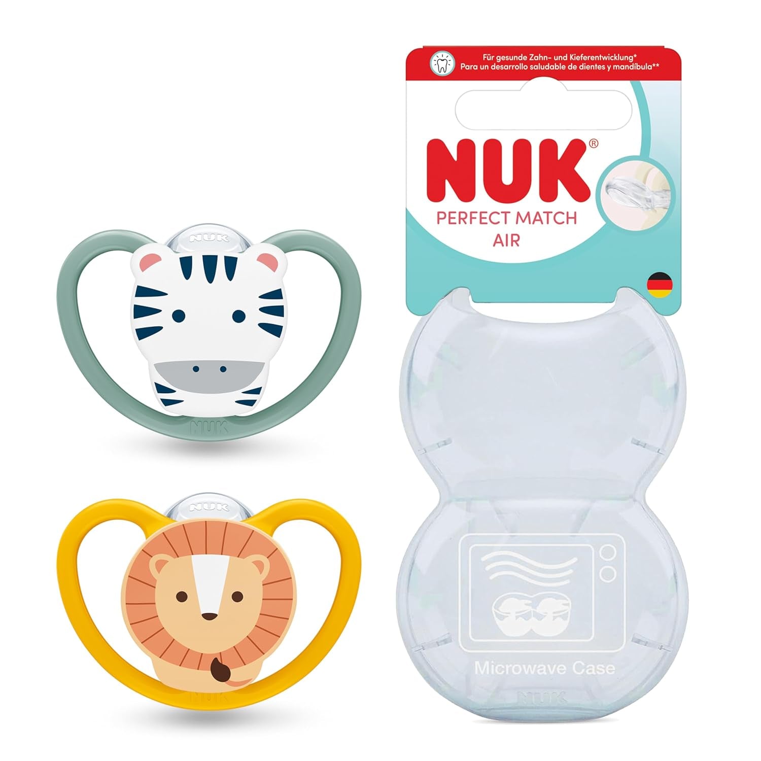 NUK Perfect Match luftnappar för spädbarn | 6-18 månader | Ortodontiska nappar som främjar luftcirkulationen och förhindrar utslag orsakade av saliv | 95 % acceptans av spädbarn** | Zebra/Leo | Paket om 2