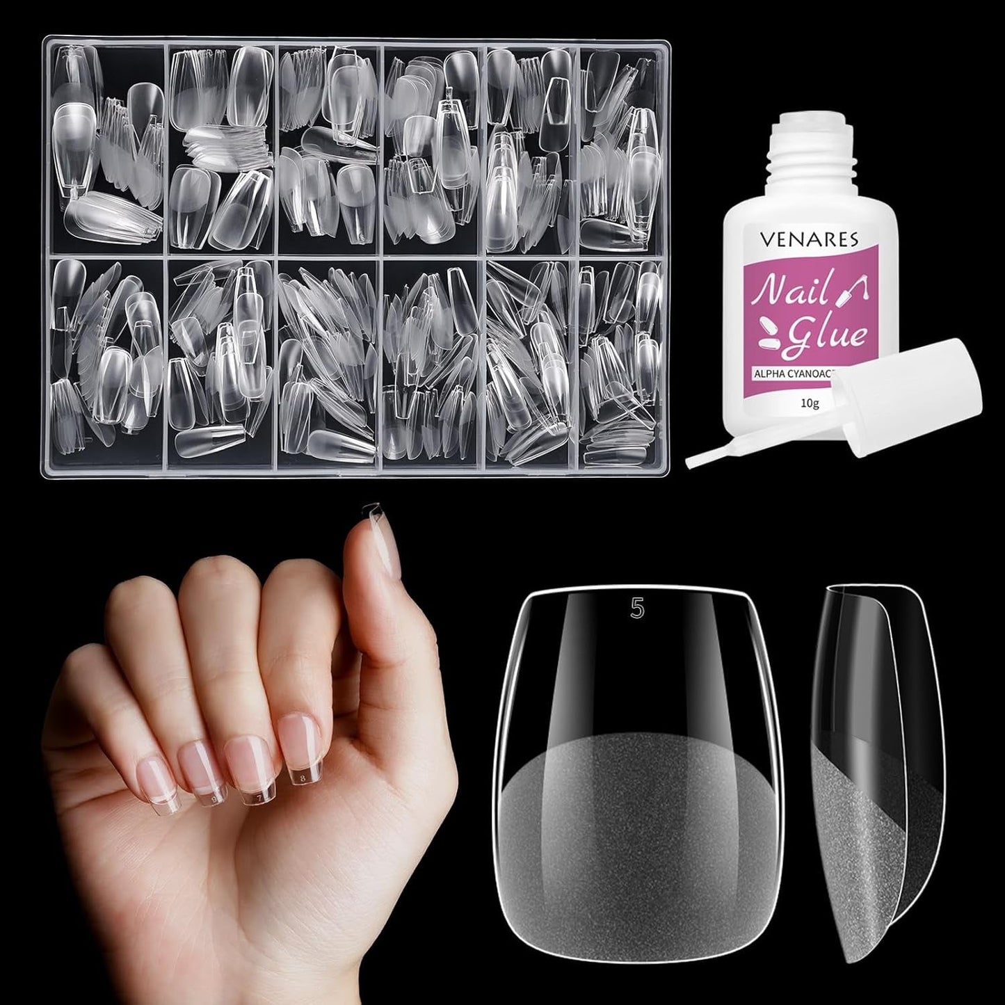 Korta lösnaglar Ballerina 500st lim på 12 storlekar konstgjorda naglar Korta mjuka gel Heltäckande Nageltips för gelnaglar Korta S